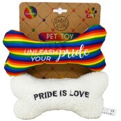 Wholesale - 2 Pack Pet Toys - Woven Rainbow Stripe Bone and Ivory Sherpa Bone "Pride is Love" C/P 24, UPC: 195010148221
